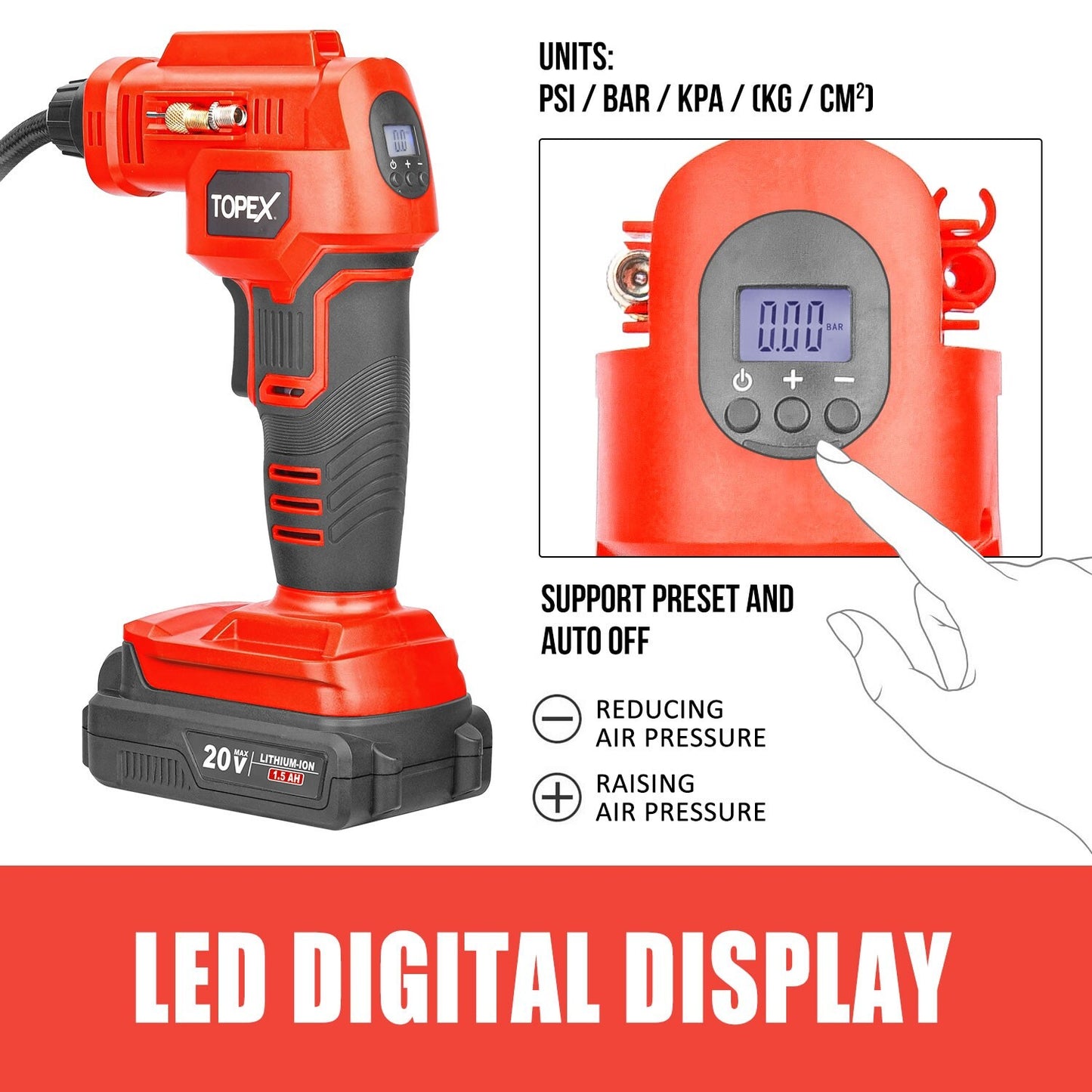 20V Cordless Air Compressor Car Tyre Inflator W/Digital Pressure Gauge LED Light