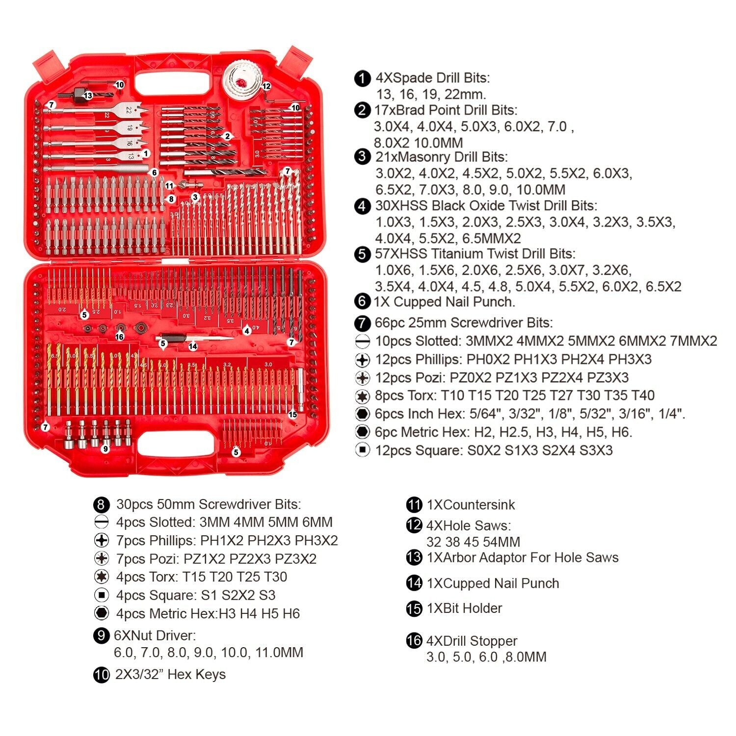 TOPEX 246PC Combination Drill Bit Set Screw Bits Titanium for Metal Wood Masonry