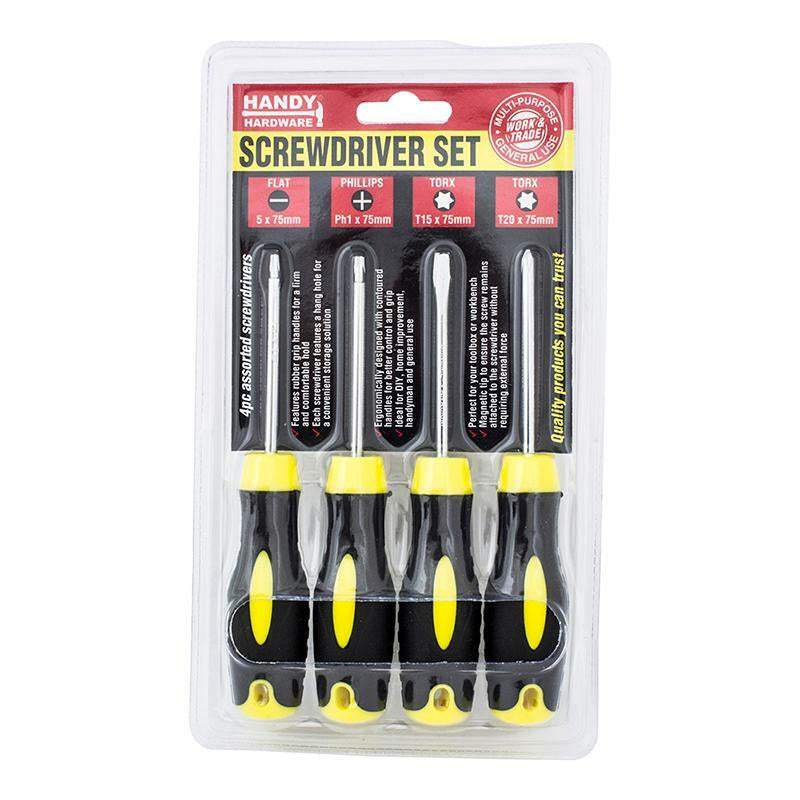 Handy Hardware 4Pc Screwdriver Set Rubber Grip Magnetic Tips DIY Tradies Repairs