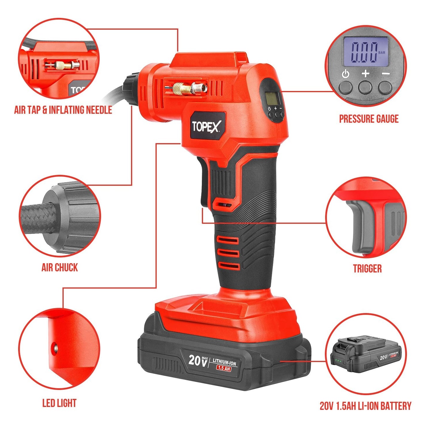 20V Cordless Air Compressor Car Tyre Inflator W/Digital Pressure Gauge LED Light