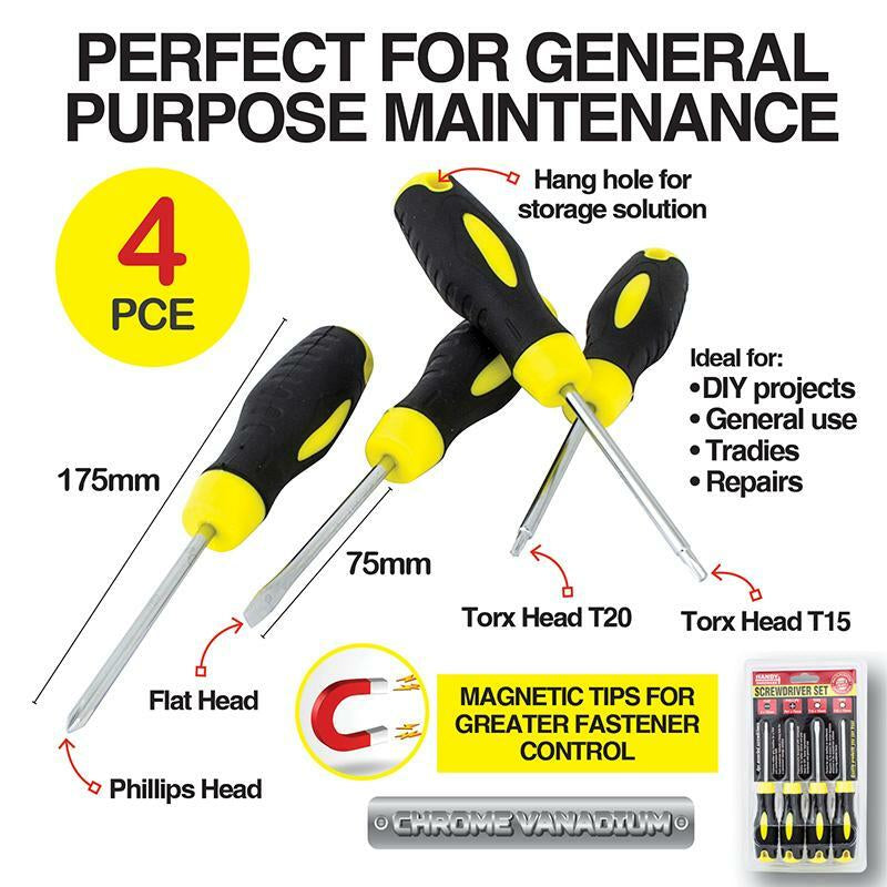 Handy Hardware 4Pc Screwdriver Set Rubber Grip Magnetic Tips DIY Tradies Repairs