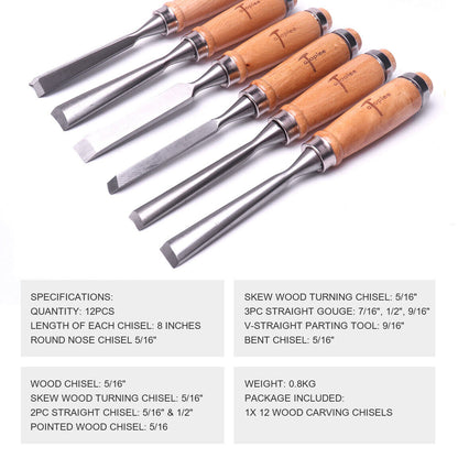 AU Professional 12 Pcs Wood Carving Gauge Chisel Woodworking Hand Tool Set
