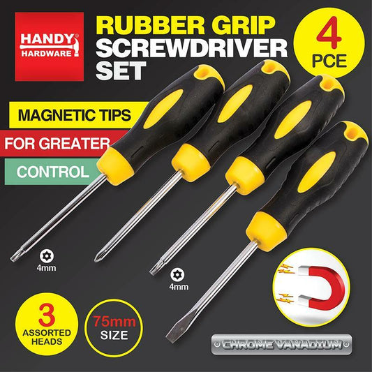 Handy Hardware 4Pc Screwdriver Set Rubber Grip Magnetic Tips DIY Tradies Repairs